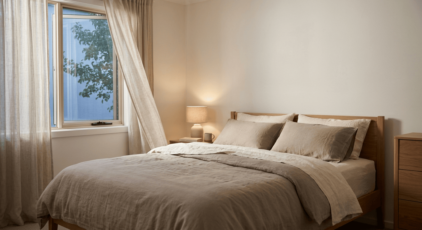 Opgemaakt bed met licht katoenen beddengoed bij een open raam in een koele, rustige slaapkamer