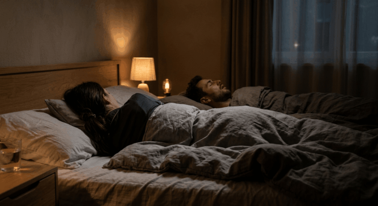 Iemand slaapt op de rug en snurkt terwijl de partner wakker naast hem ligt in een donkere slaapkamer