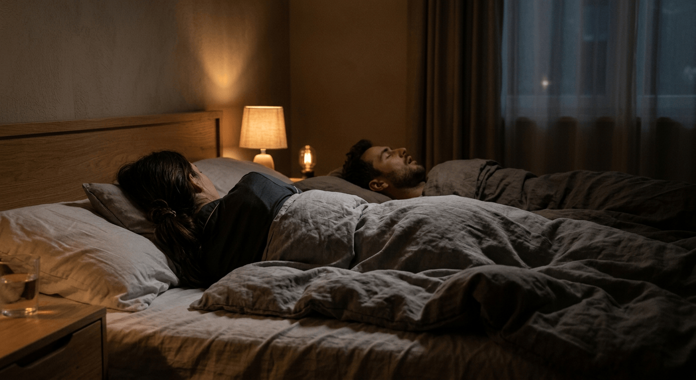 Iemand slaapt op de rug en snurkt terwijl de partner wakker naast hem ligt in een donkere slaapkamer