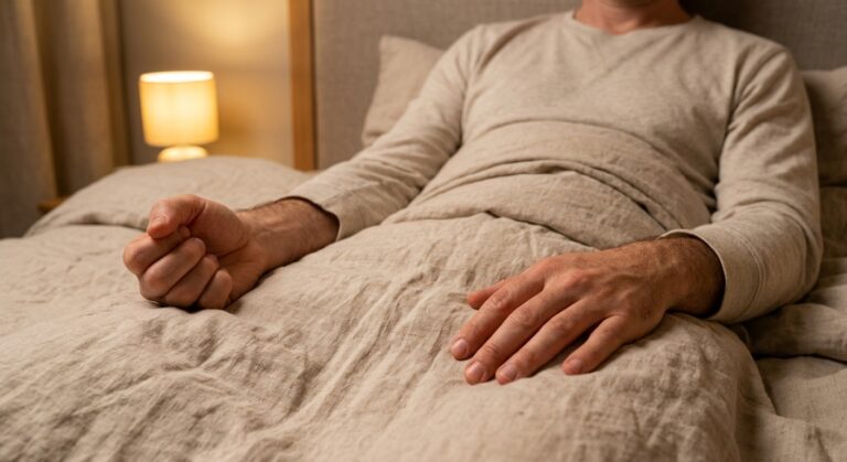 Persoon ligt op de rug in bed en balt ontspannen de vuisten op het dekbed tijdens progressieve spierontspanning