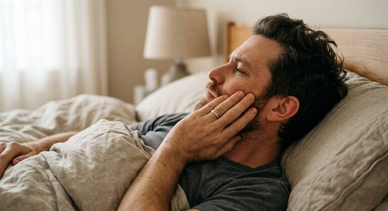 Persoon wordt 's ochtends wakker en houdt de hand tegen een pijnlijke, stijve kaak