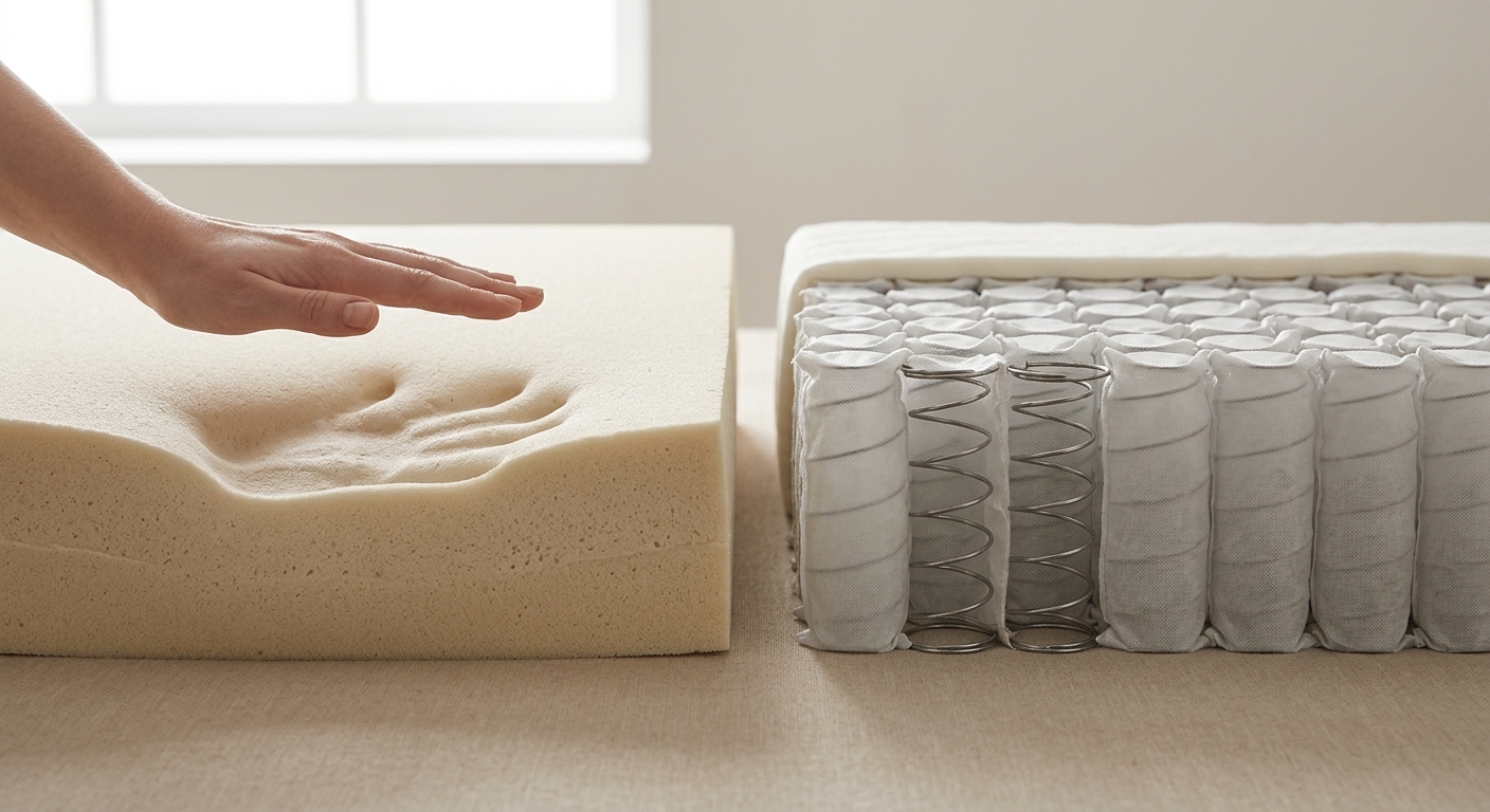 Doorsnede van een traagschuimmatras naast een pocketveringmatras, met zichtbaar schuim en veren