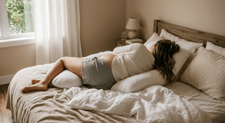 Zwangere vrouw slaapt op haar linkerzij met een steunkussen tussen haar knieën