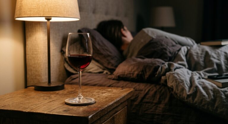 Halfvol wijnglas op een nachtkastje naast een bed in gedempt avondlicht, met een persoon wakker op de achtergrond