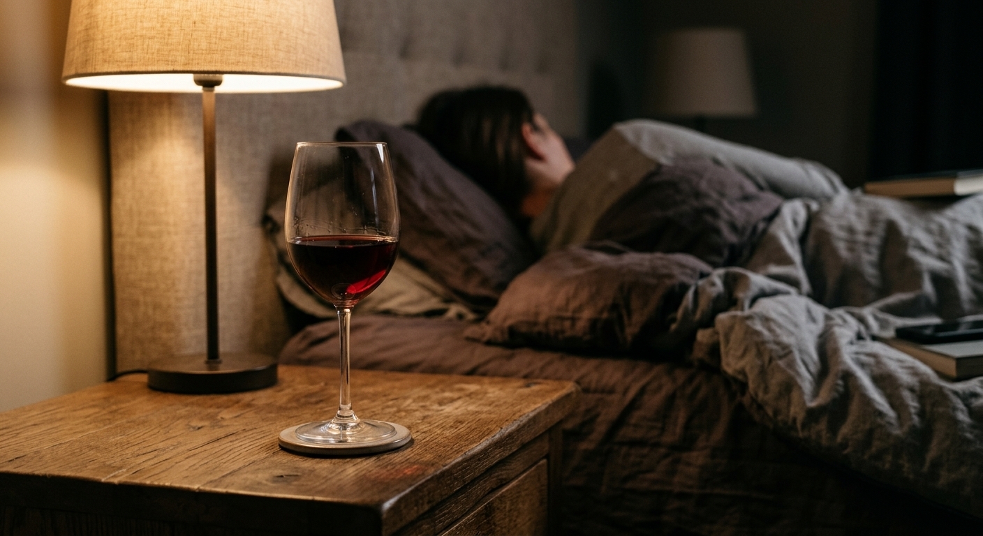 Halfvol wijnglas op een nachtkastje naast een bed in gedempt avondlicht, met een persoon wakker op de achtergrond