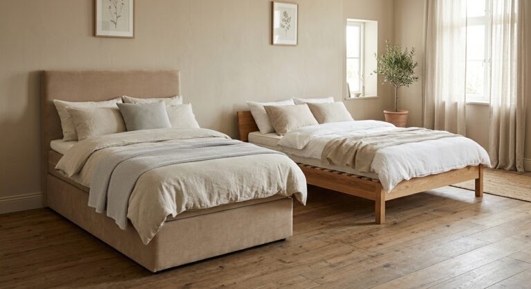 Slaapkamer met aan de ene kant een boxspring en aan de andere kant een los bed met lattenbodem naast elkaar