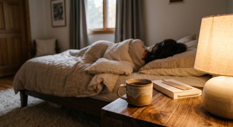 Kop koffie op een nachtkastje terwijl iemand 's avonds wakker in bed ligt