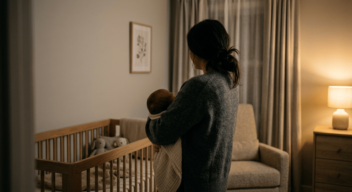 Ouder wiegt 's nachts een baby in een schemerig verlichte babykamer