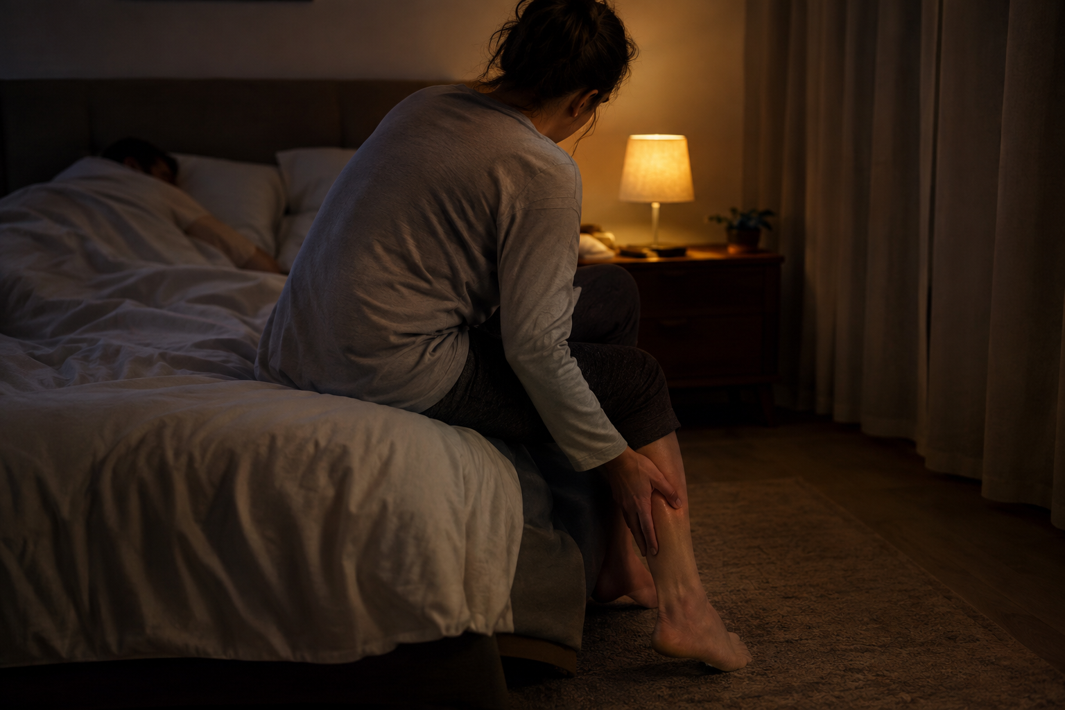 Iemand zit 's nachts op de rand van het bed en wrijft over het onderbeen vanwege rusteloze benen