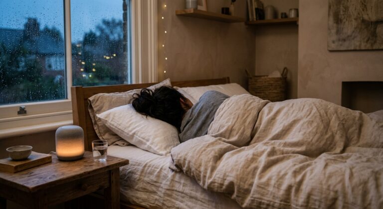 Vrouw ligt op haar zij in bed terwijl een kleine speaker op het nachtkastje zacht regengeluid afspeelt