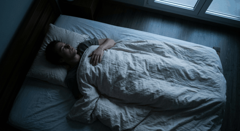 Persoon ligt op de rug wakker in bed in het vroege ochtendlicht en kan niet bewegen