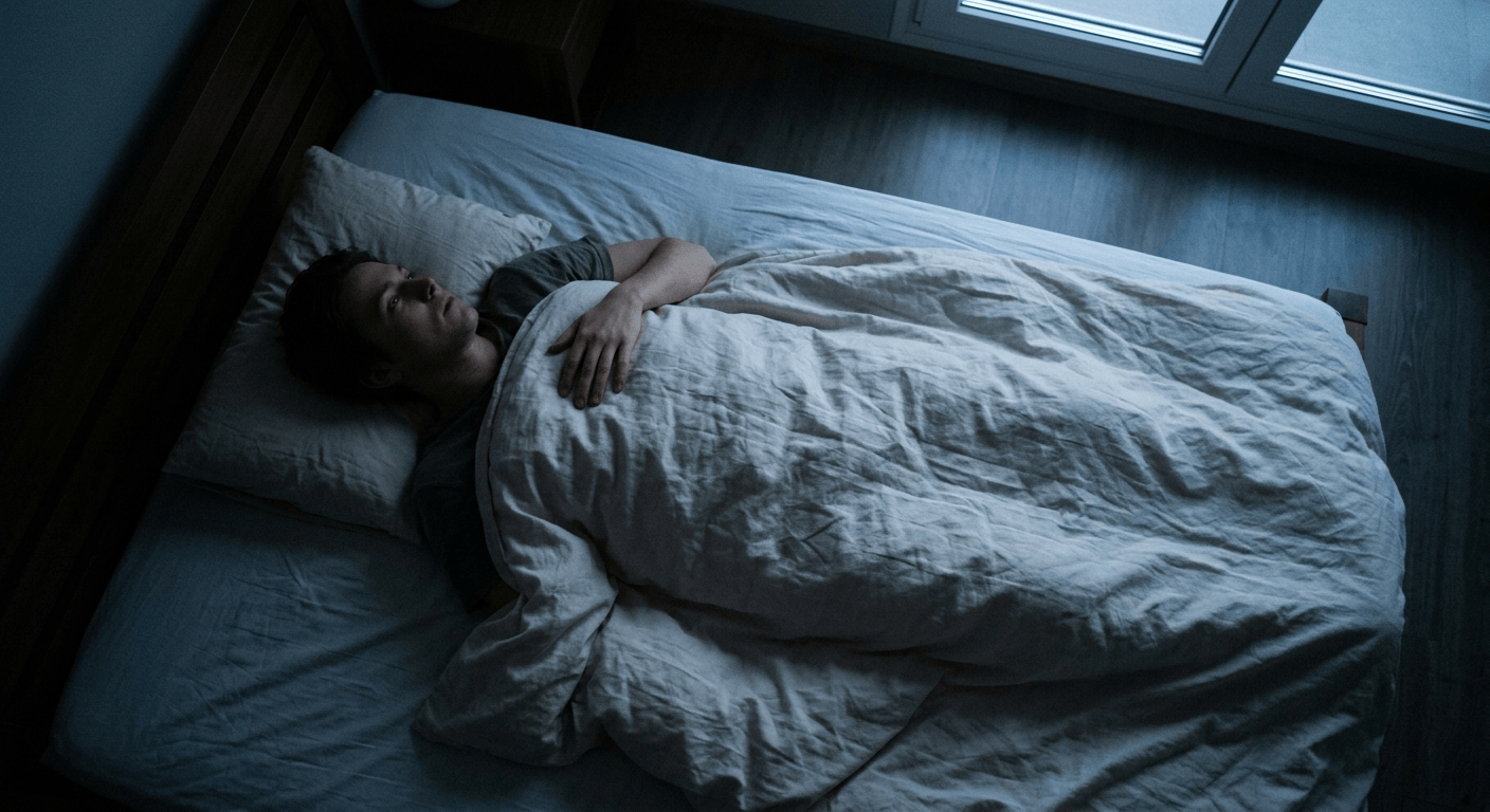 Persoon ligt op de rug wakker in bed in het vroege ochtendlicht en kan niet bewegen