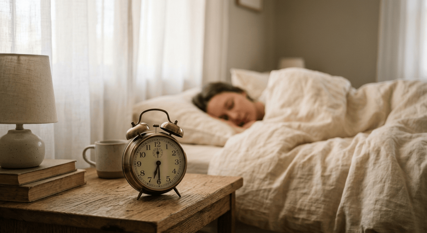 Wekker op een nachtkastje naast een slapend persoon onder het dekbed in zacht ochtendlicht
