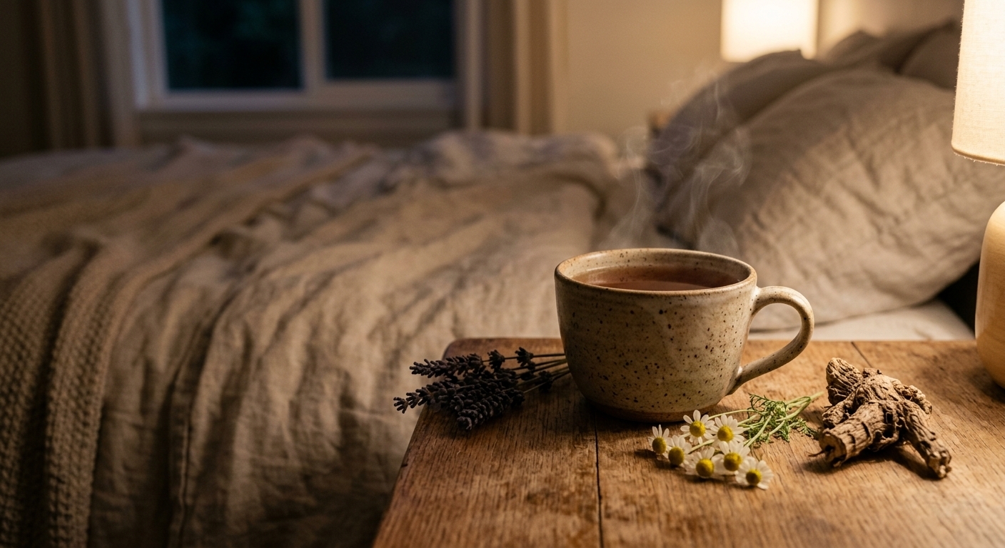 Kop dampende kruidenthee op een nachtkastje met gedroogde lavendel en kamille in warm avondlicht