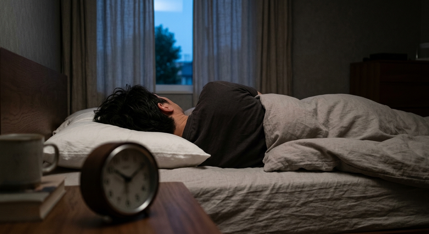 Persoon ligt in de vroege ochtend wakker in bed met open ogen, gezien van achteren