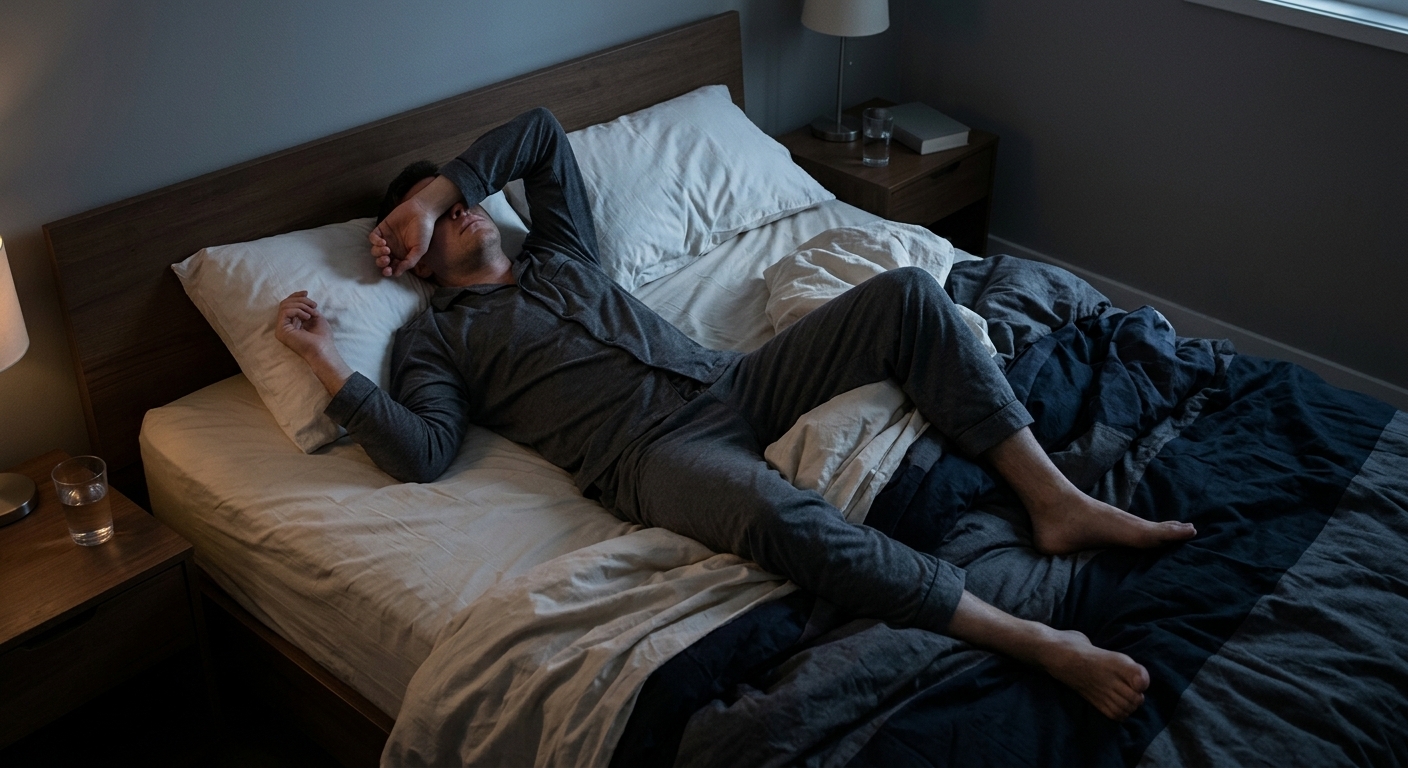 Iemand ligt 's nachts half wakker in een donkere slaapkamer, arm over de ogen, gezicht niet herkenbaar