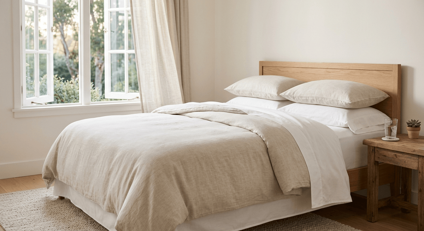 Lichte katoenen lakens op een opgemaakt bed bij een openstaand raam in een koele slaapkamer