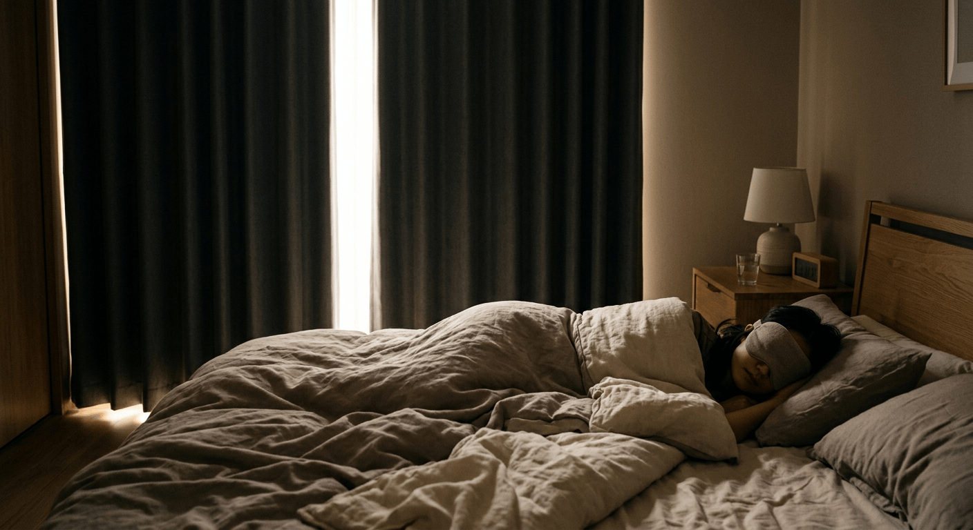 Verduisterde slaapkamer overdag met iemand die met een slaapmasker slaapt terwijl het buiten licht is