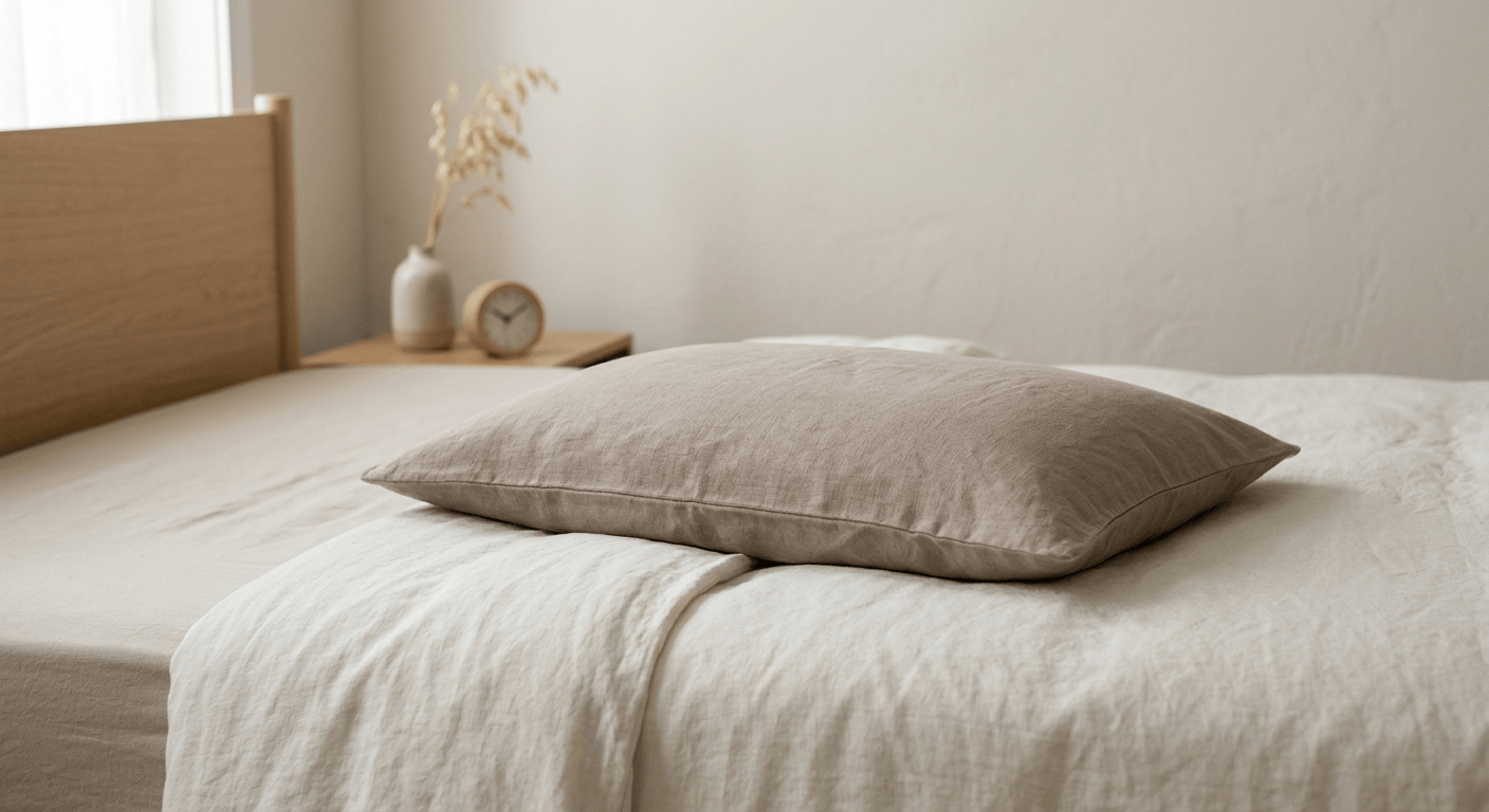 Plat hoofdkussen op een opgemaakt bed met warme, neutrale tinten