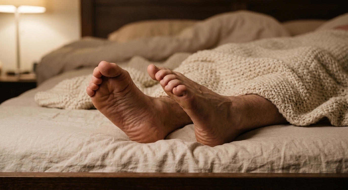 Voeten onder een deken met gekrulde tenen tijdens het aanspannen van de voetspieren