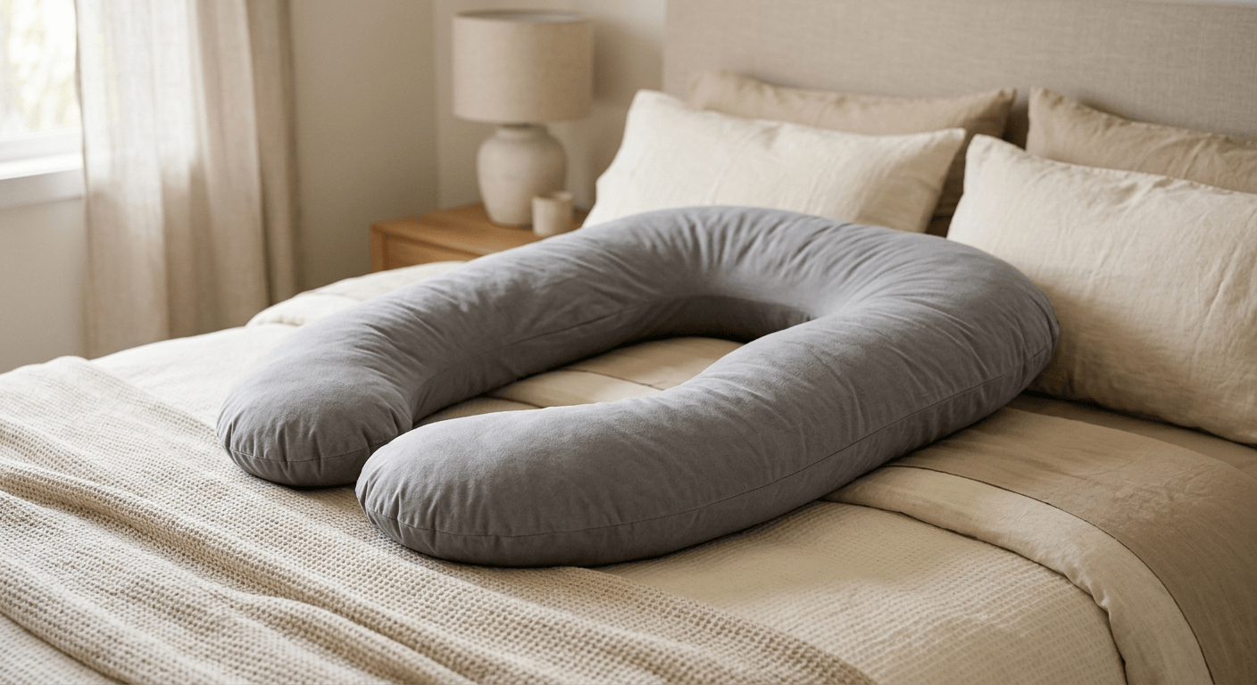 Lang zwangerschapskussen op een bed dat de zijligging ondersteunt