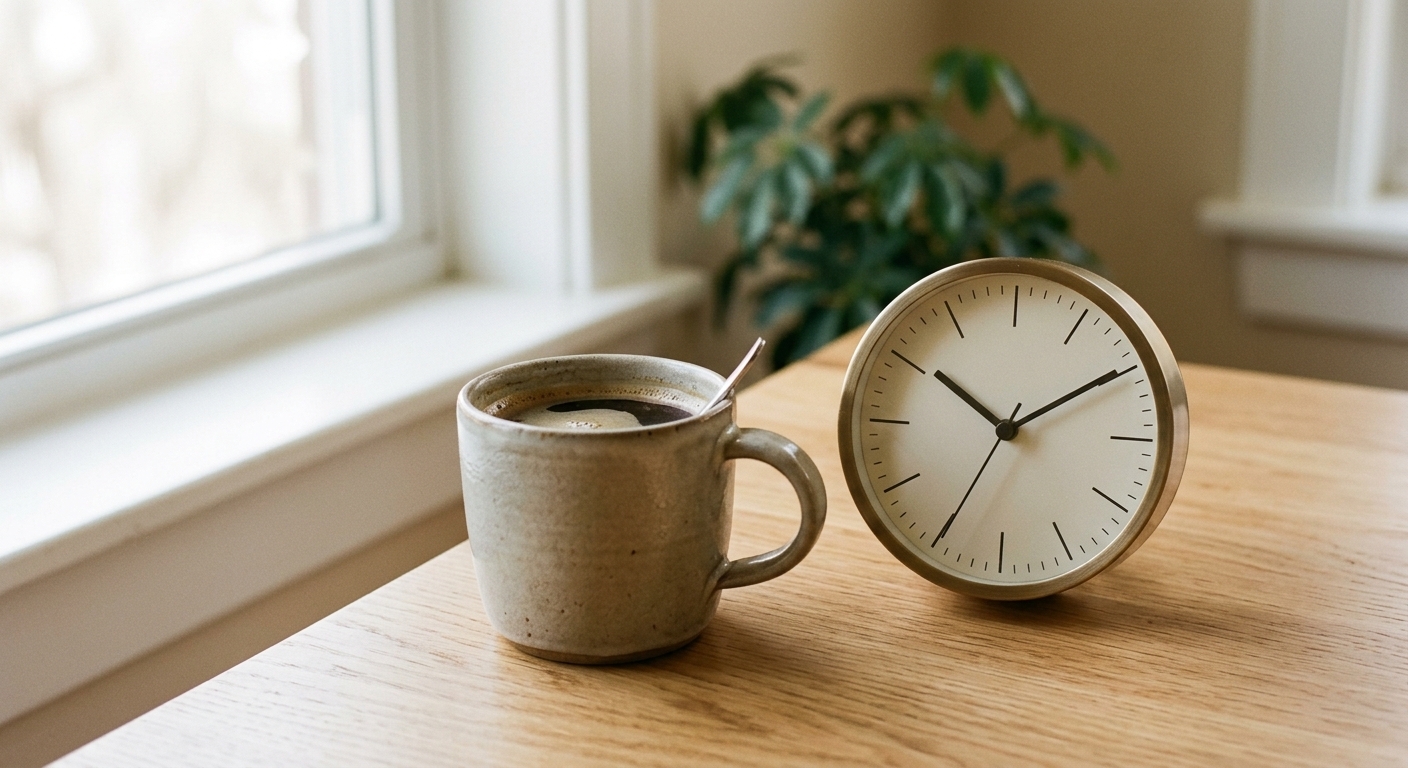 Mok koffie naast een klok op een tafel bij daglicht