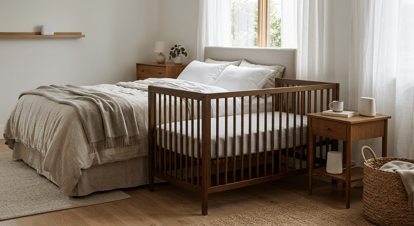 Rustige, opgeruimde ouderslaapkamer met een babybedje ernaast in zacht ochtendlicht