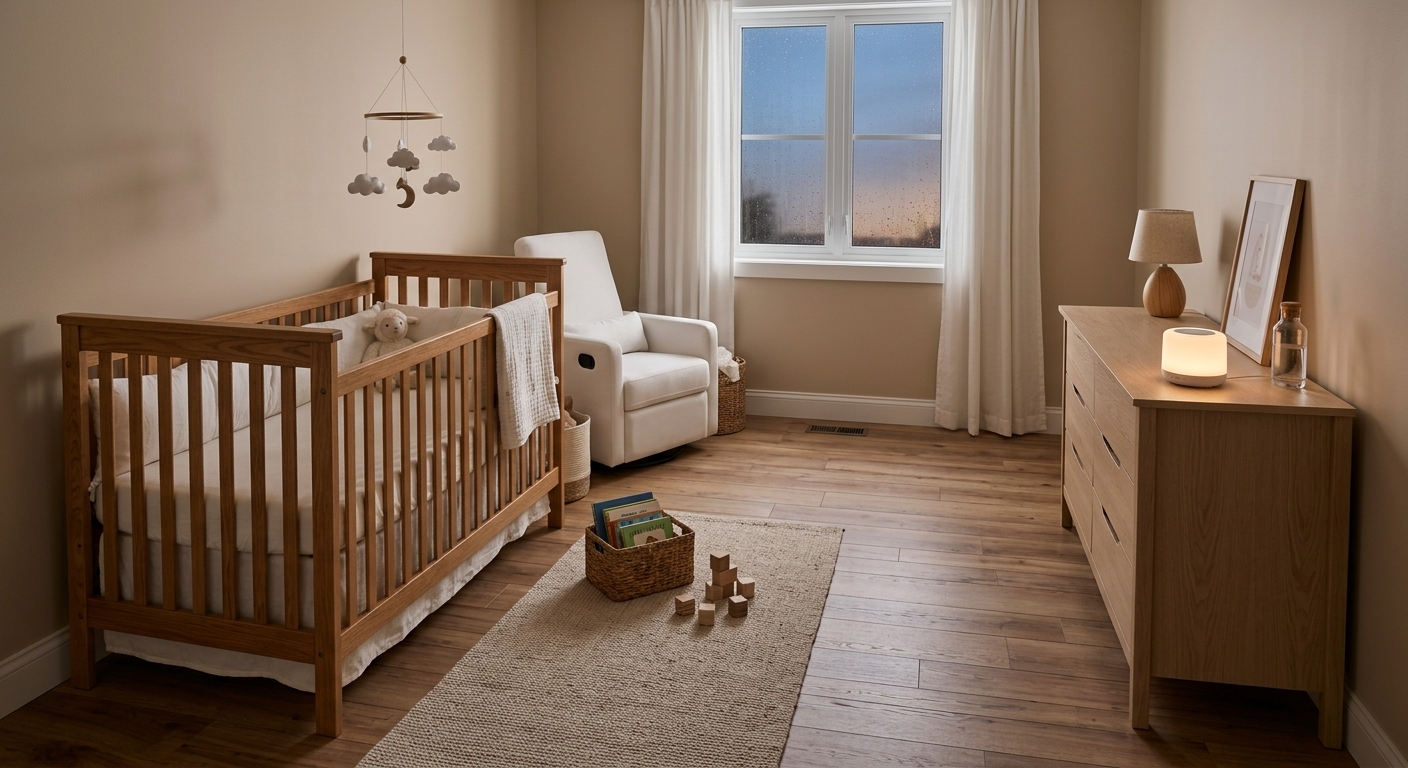 Babykamer met een geluidsapparaat op een ladekast aan de andere kant van de kamer, ver van het ledikant