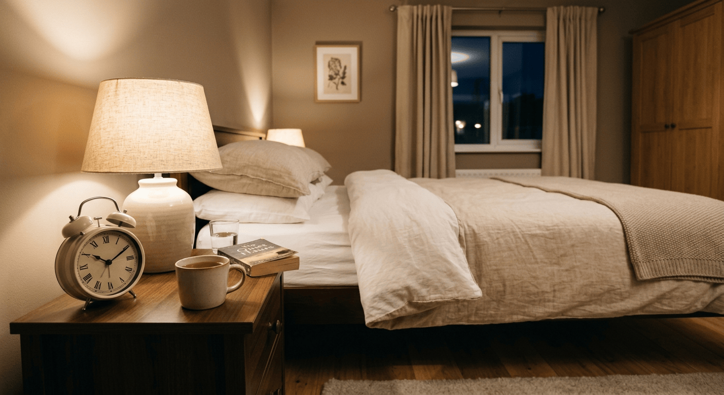 Rustige slaapkamer 's avonds met een wekker op het nachtkastje als teken van een vast slaapritme