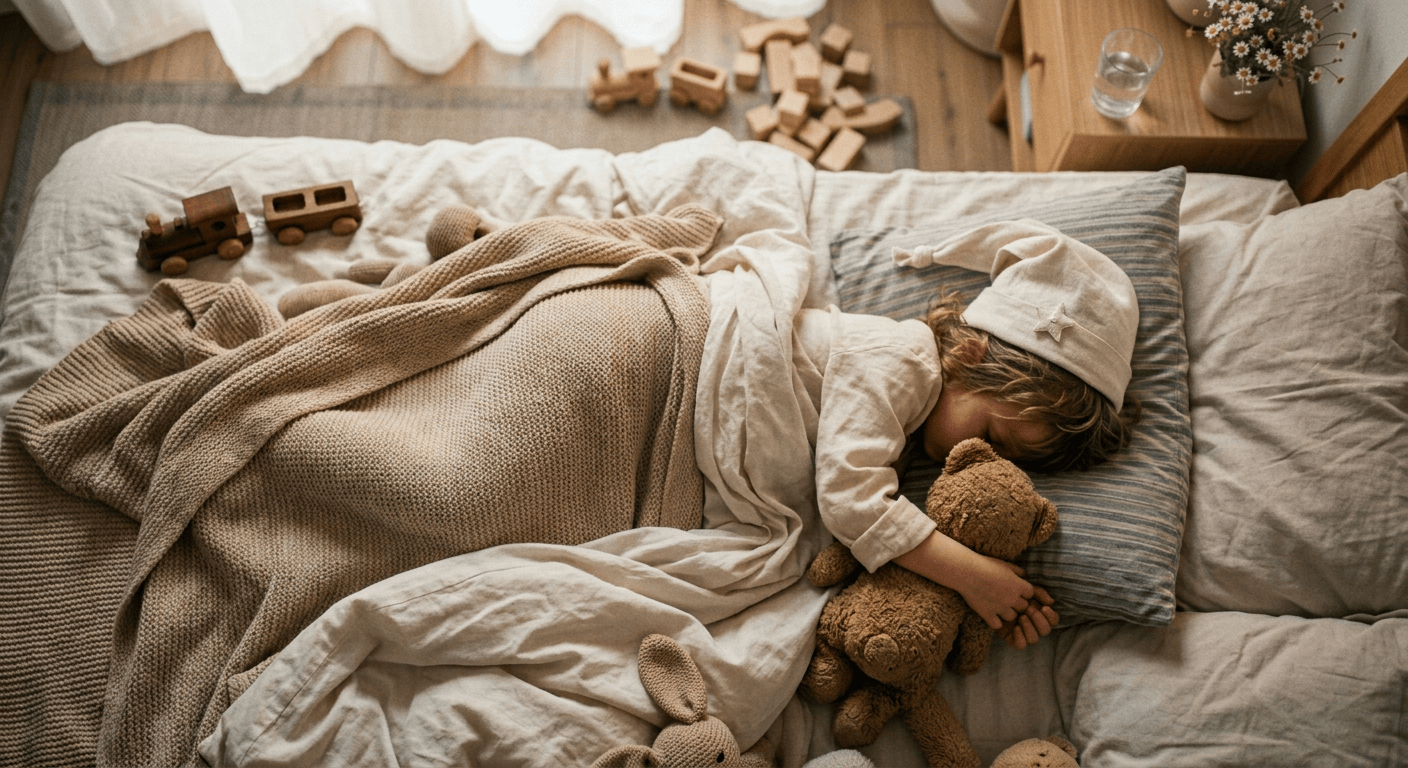 Jong kind slaapt diep in een zacht verlicht bed, gezien van bovenaf met het gezicht afgewend