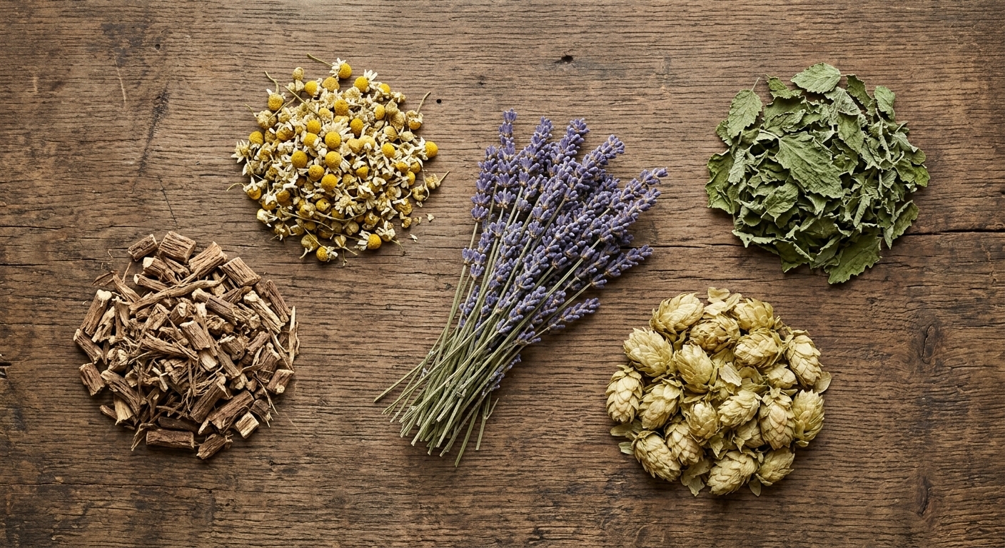 Gedroogde valeriaanwortel, kamillebloemen, lavendel en citroenmelisse naast elkaar op een houten tafel