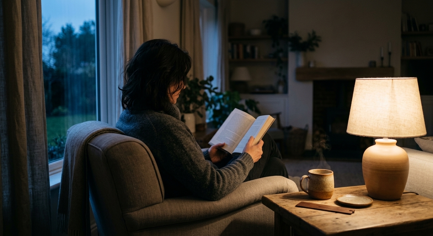 Iemand zit rustig met een boek in gedimd ochtendlicht na te vroeg wakker te zijn geworden