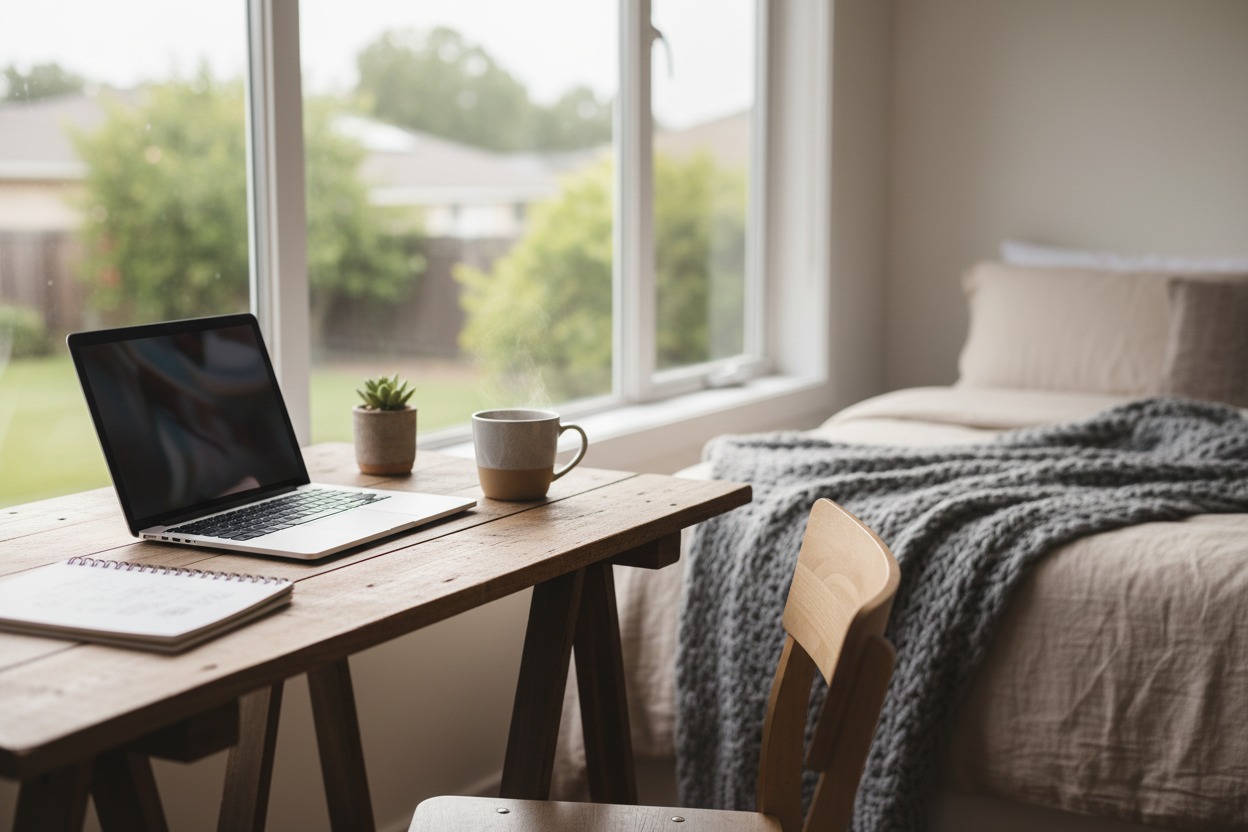 Een houten bureau met een laptop, een mok met dampende drank en een notitieblok staat bij het raam in een lichte slaapkamer.
