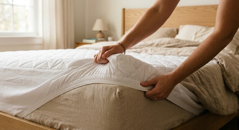 Handen trekken een witte matrasbeschermer met elastische rand over de hoek van een matras