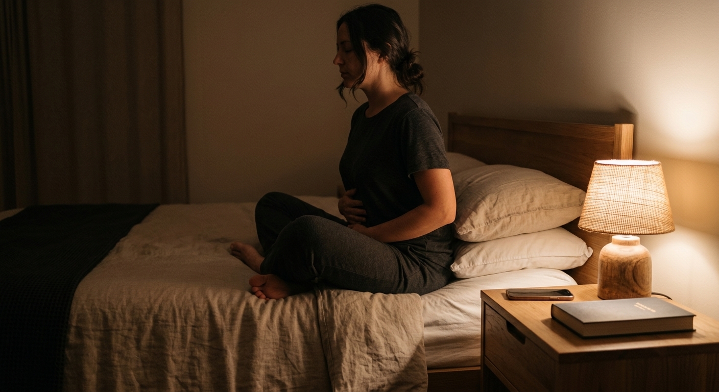Persoon zit in gedimd lamplicht op de rand van het bed en doet een ademhalingsoefening voor het slapengaan