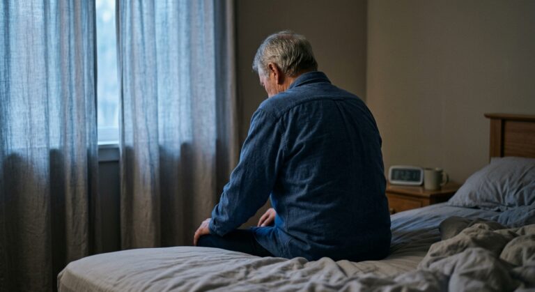 Oudere man met grijs haar zit bij zonsopkomst op de rand van zijn bed, vroeg wakker geworden