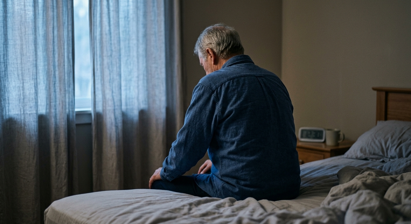 Oudere man met grijs haar zit bij zonsopkomst op de rand van zijn bed, vroeg wakker geworden