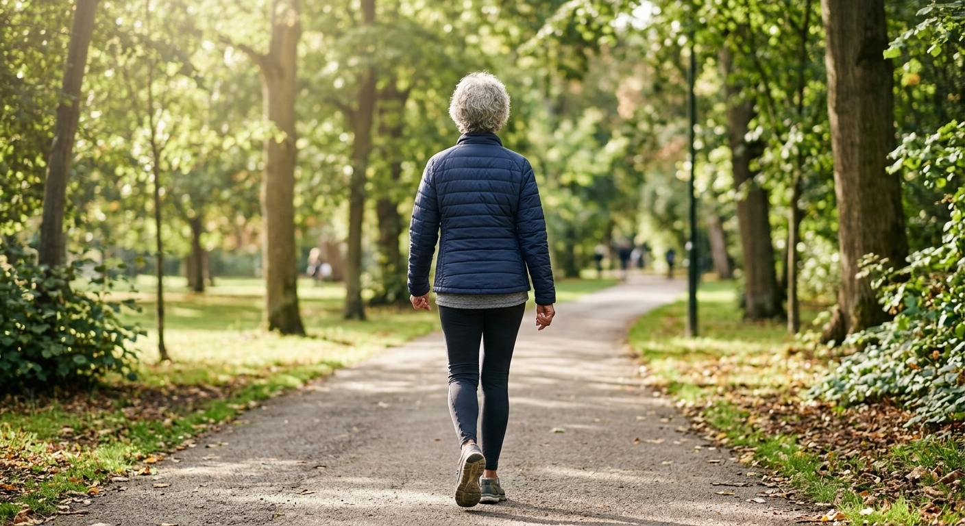 Oudere vrouw wandelt in de ochtendzon over een parkpad, voor meer daglicht en een beter slaapritme
